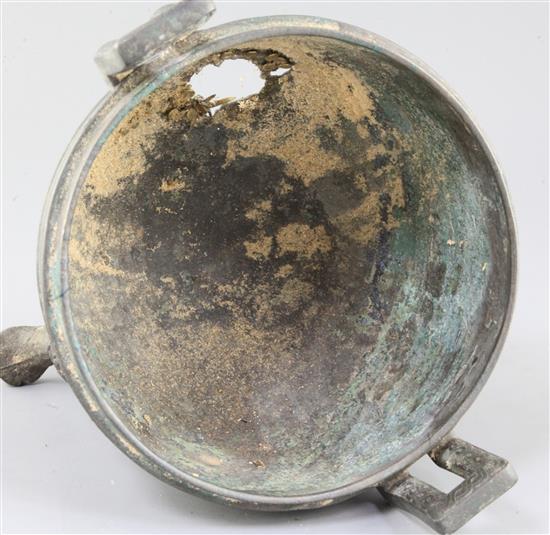 A Chinese archaic bronze ritual food vessel and cover, Dui, Warring States period, 4th-2nd century B.C., 25cm high, 27cm wide, damage